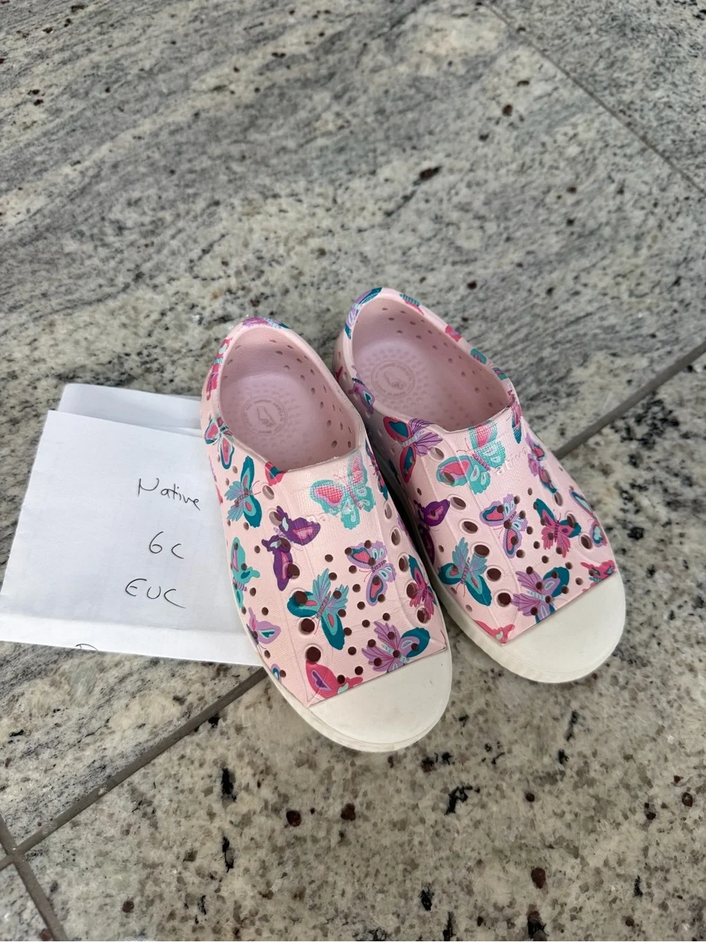 Native Shoes Kids Pink Butterfly Water Shoes with Teal & Purple Accents 6c